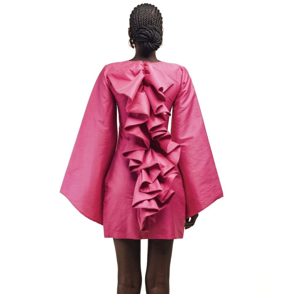Orire Dayar Pink Ruffled Back High Neck Asymmetrical Sleeves Mini Dress U.S. 2 - Picture 2 of 7